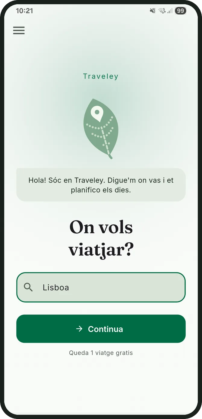 Pantalla d’inici de Traveley: un únic camp que pregunta on vols viatjar, amb Lisboa escrit