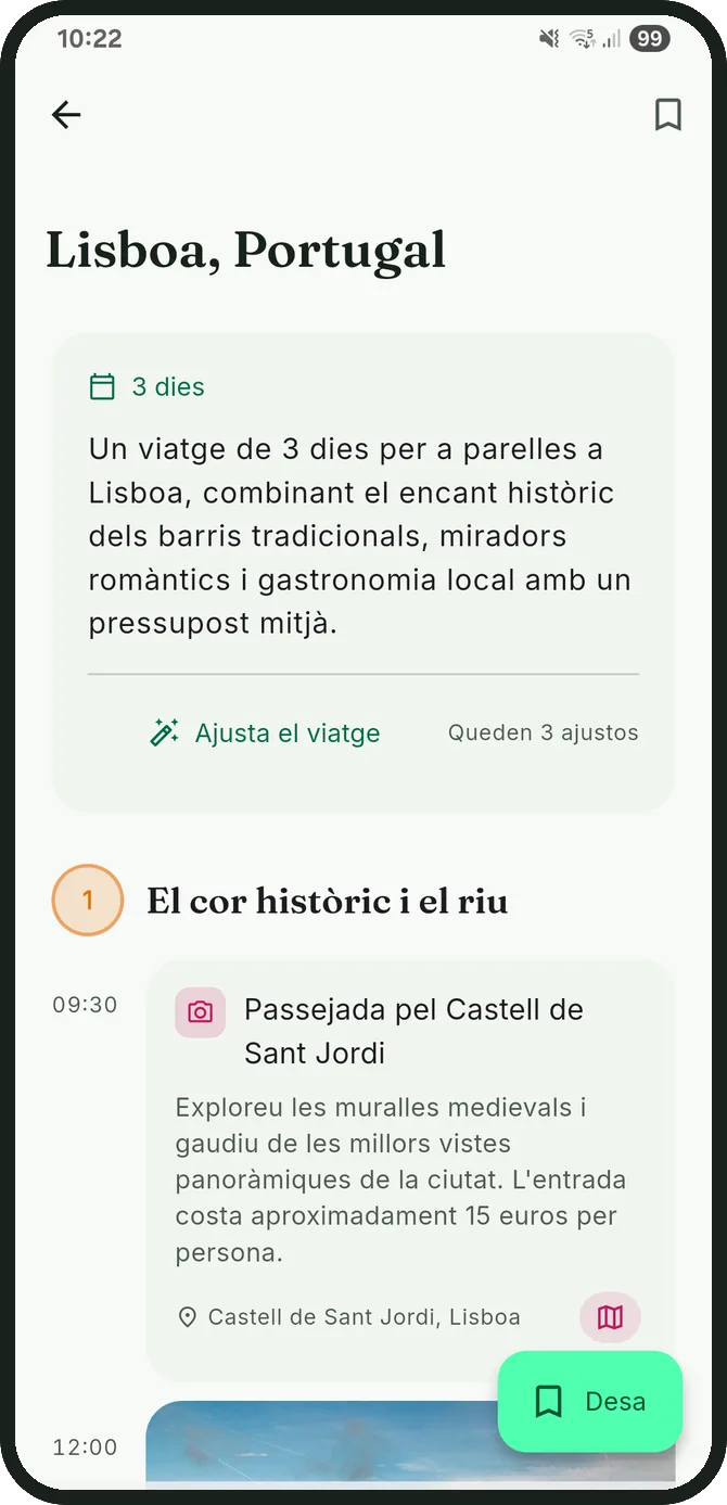 Itinerari de Lisboa generat, amb el resum del viatge i el primer dia