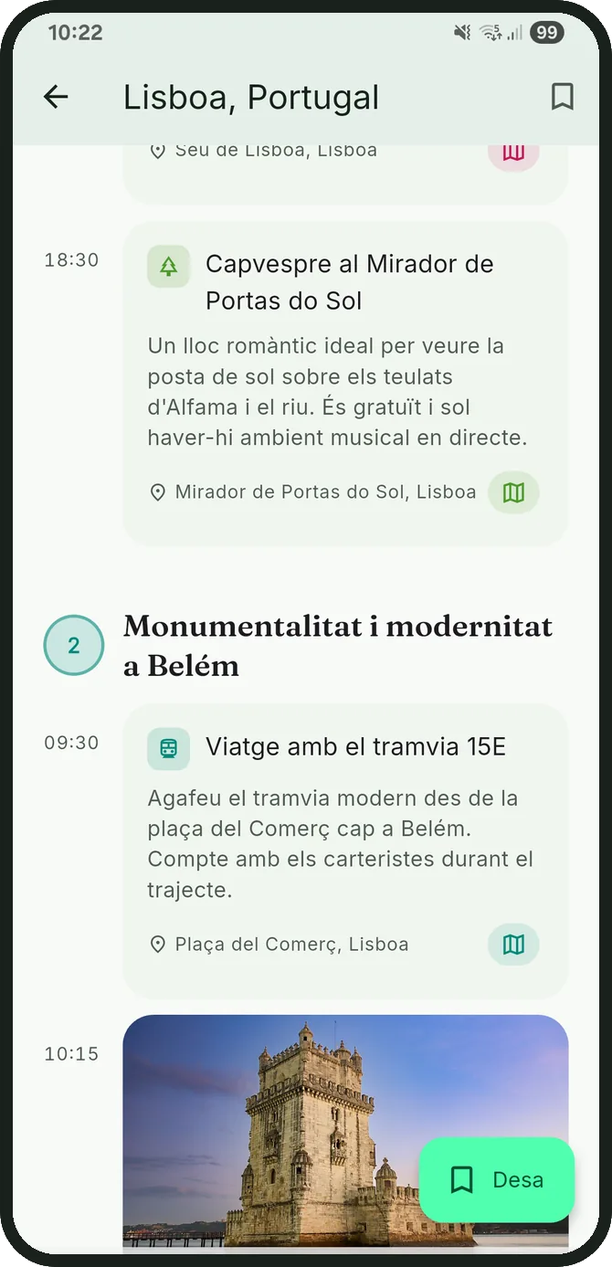 Activitats de l’itinerari de Lisboa amb fotos, descripcions i botons de mapa