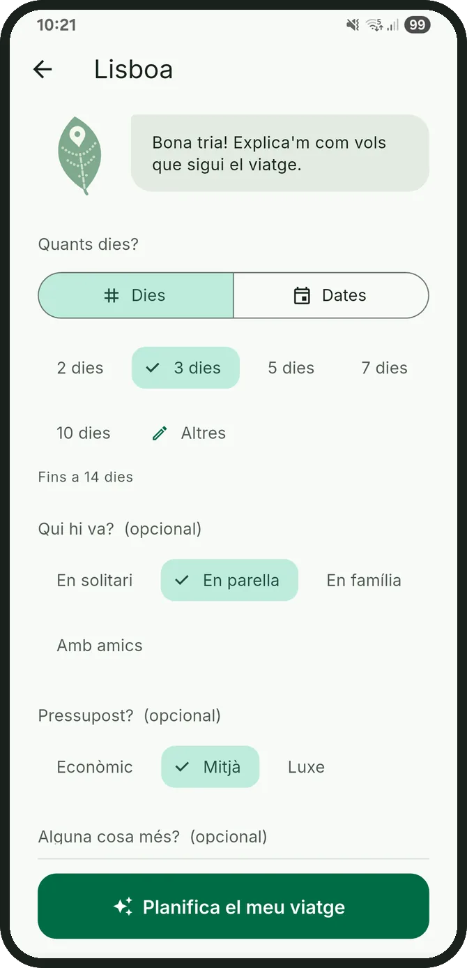 Pantalla de detalls del viatge de Traveley amb durada, viatgers i pressupost