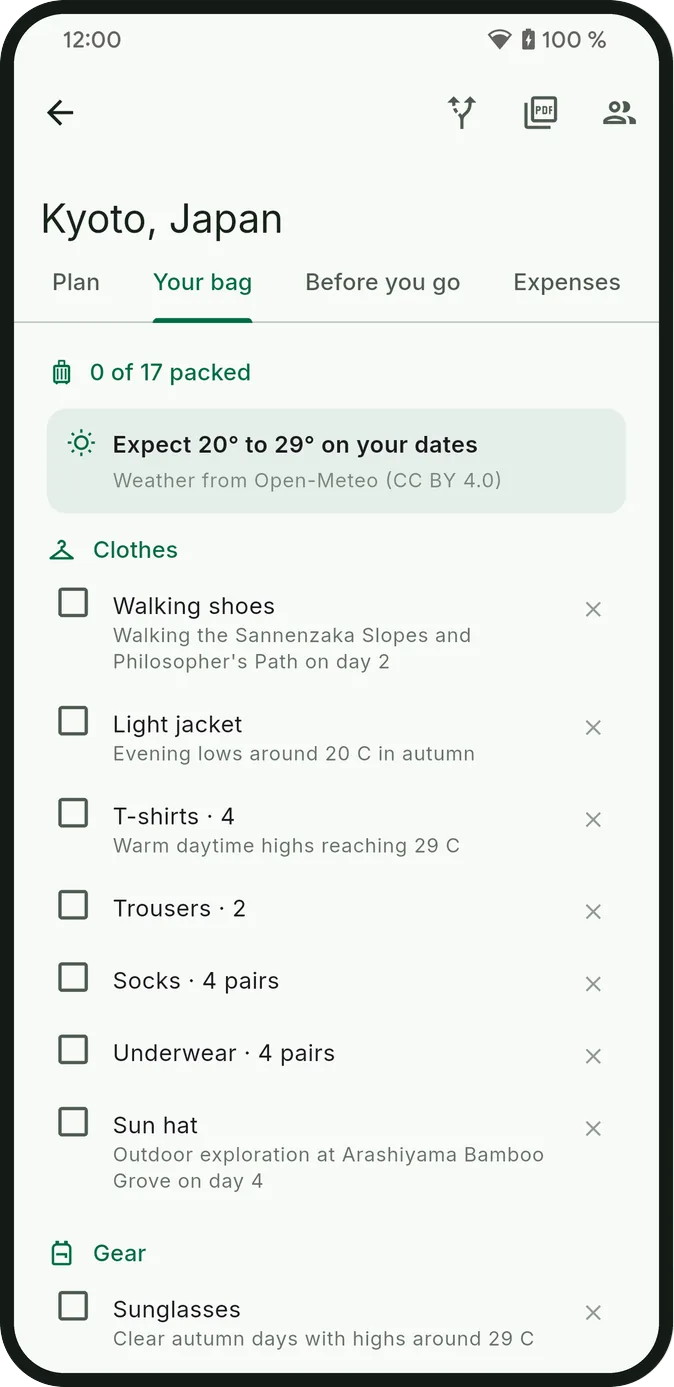 The packing list for the trip, grouped by category, with the reason for each item
