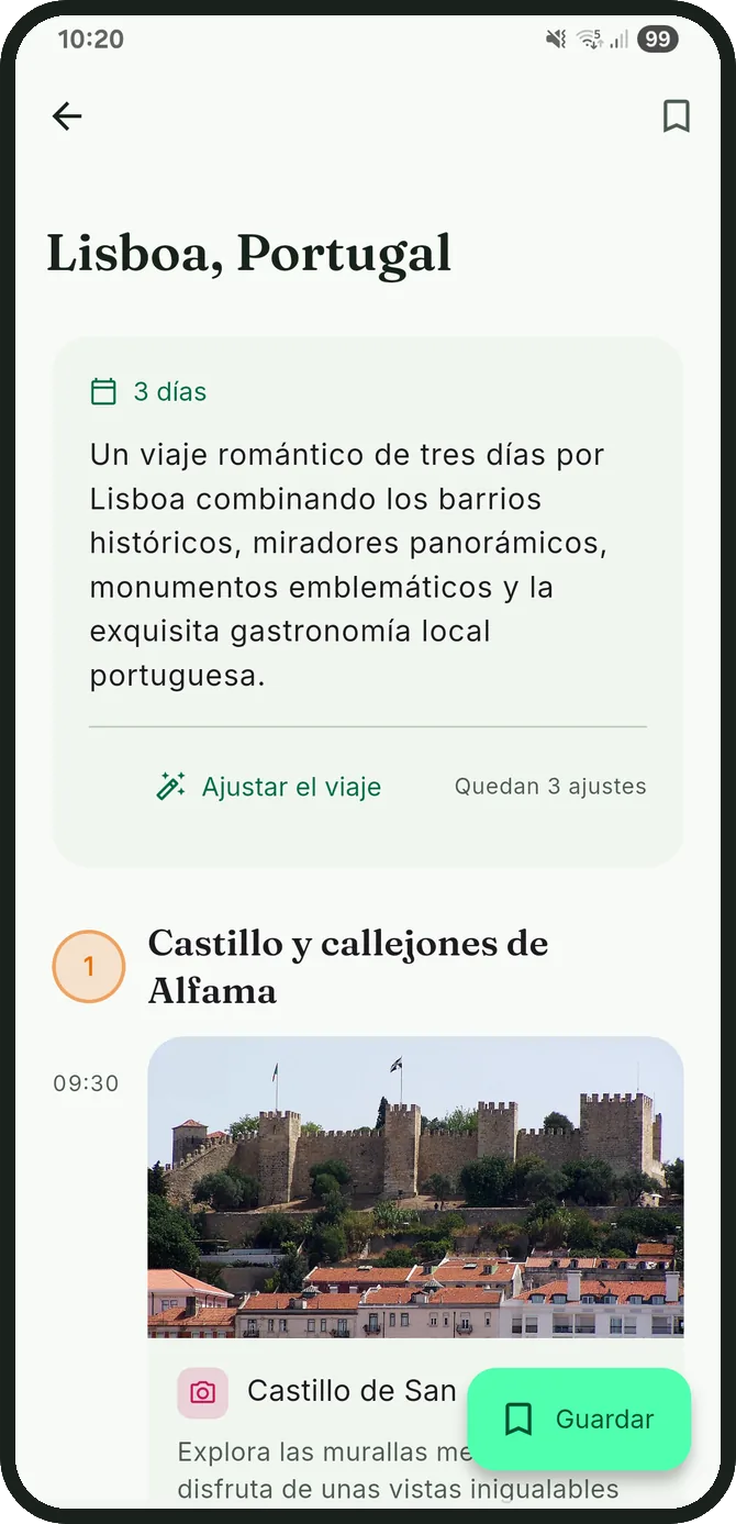 Itinerario de Lisboa generado, con el resumen del viaje y el primer día