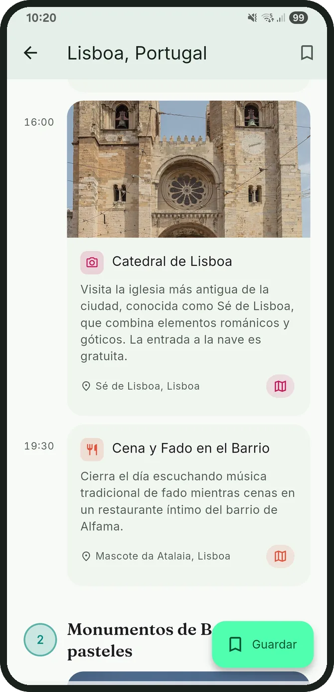 Actividades del itinerario de Lisboa con fotos, descripciones y botones de mapa