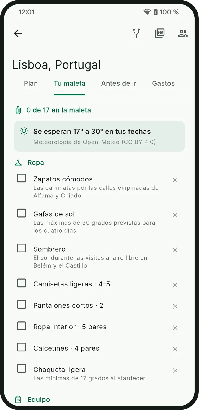La lista de equipaje del viaje, agrupada por categoría y con el motivo de cada artículo