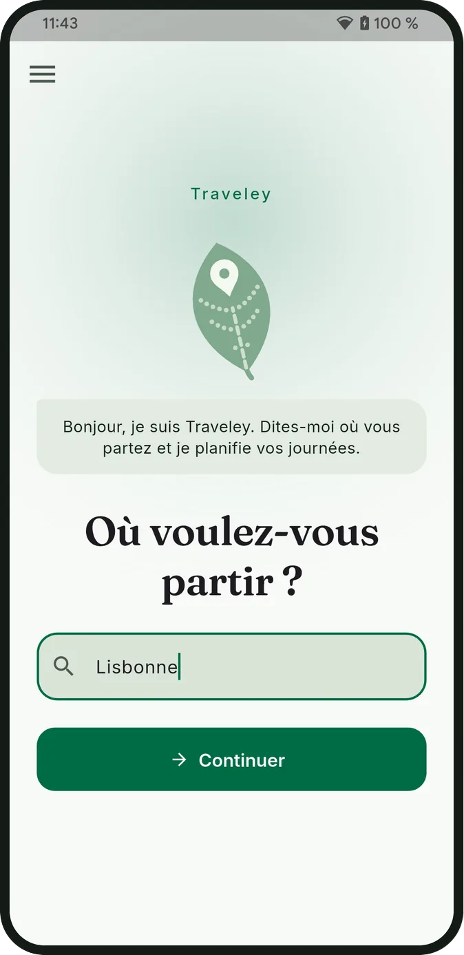 Écran d’accueil de Traveley : un seul champ demandant où vous voulez partir, avec Lisbonne saisi