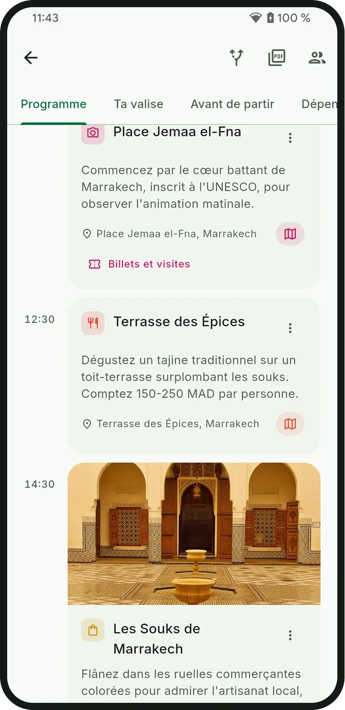 Une journée de l’itinéraire avec chaque étape, son horaire, sa photo, sa description et son bouton de carte