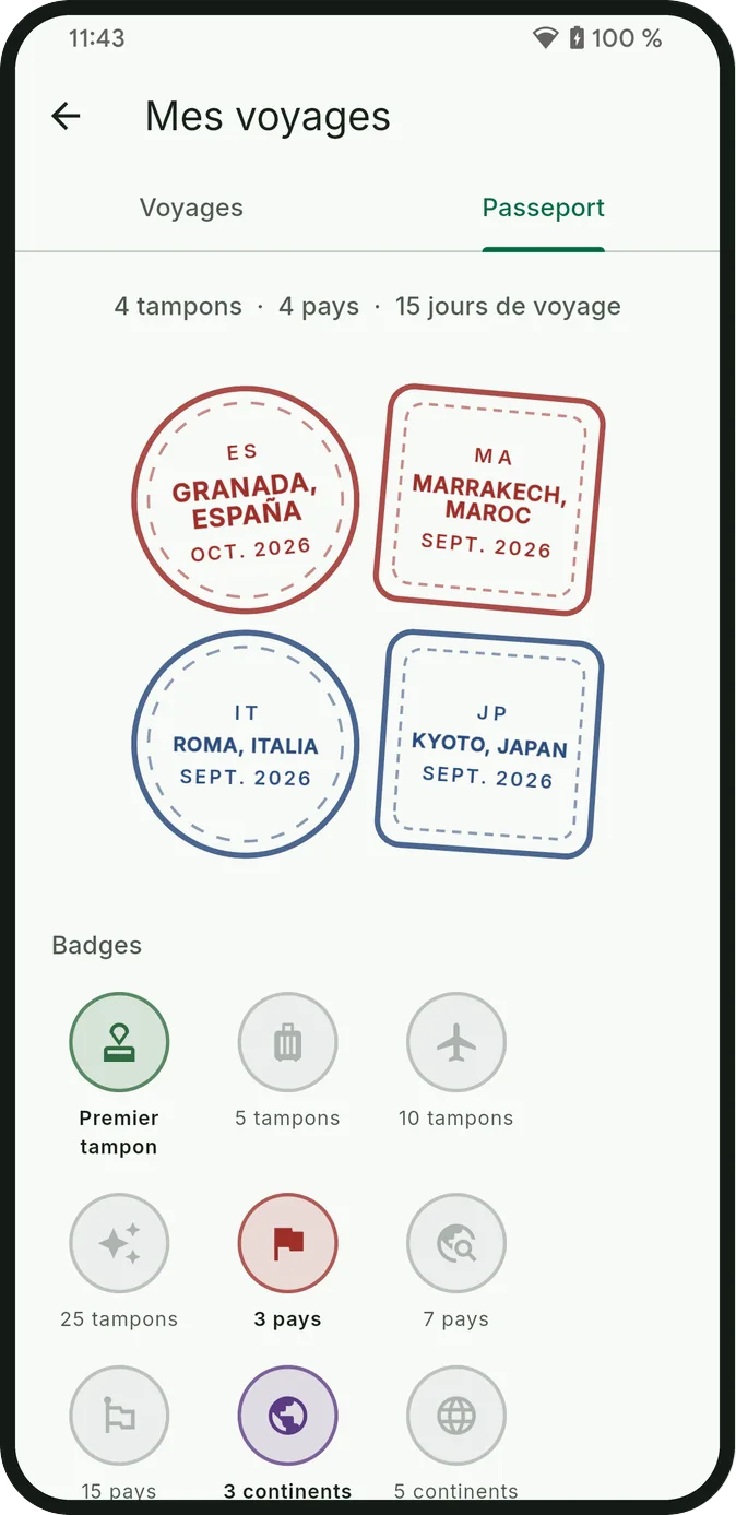 L’écran du passeport avec les tampons de quatre voyages et les badges en dessous
