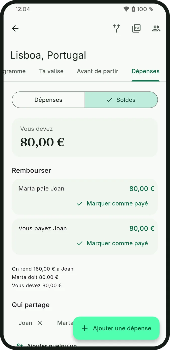 L’écran des soldes montrant ce que doit chaque voyageur et qui rembourse qui
