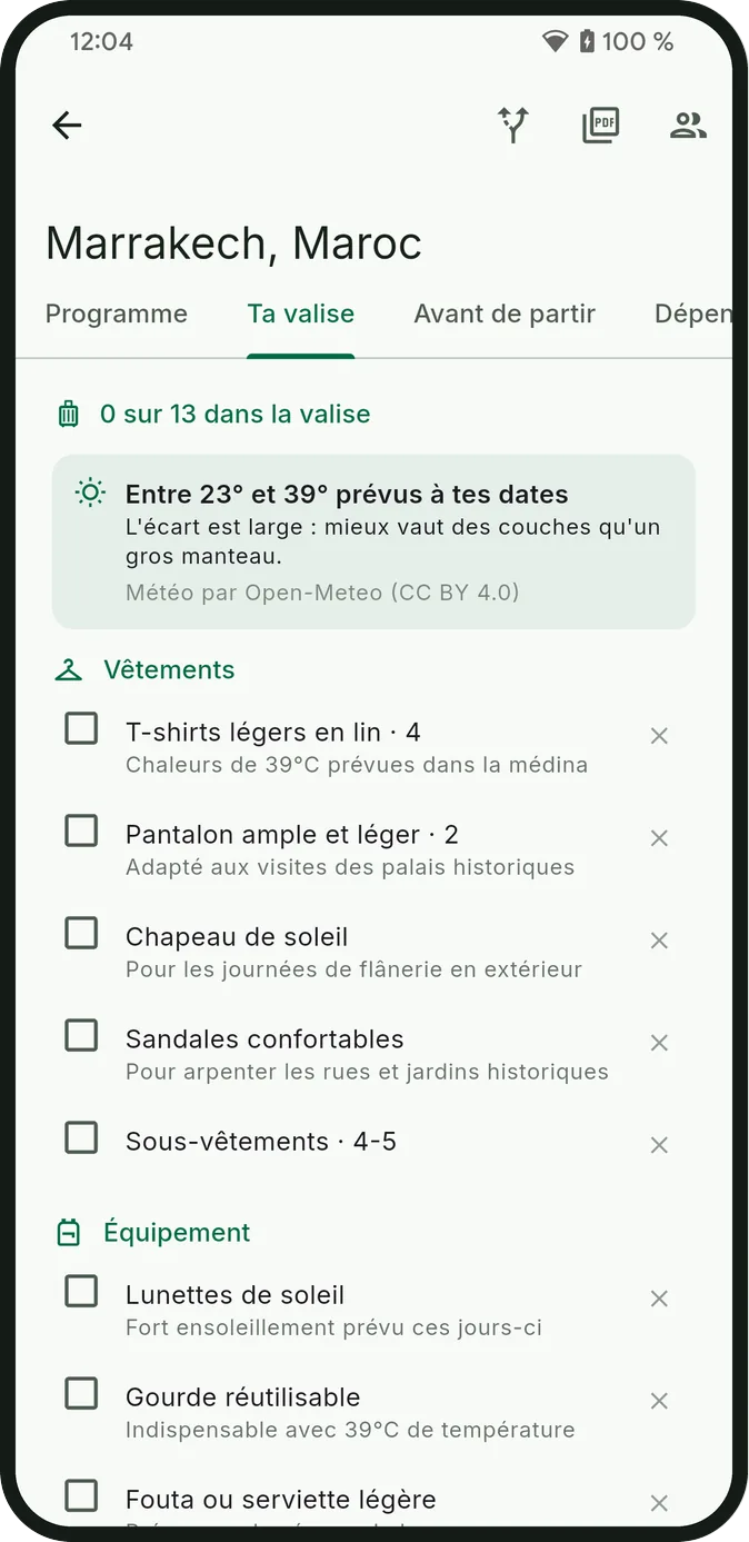 La liste de bagage du voyage, groupée par catégorie, avec la raison de chaque article