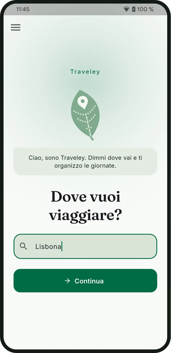 Schermata iniziale di Traveley: un solo campo che chiede dove vuoi viaggiare, con Lisbona scritto