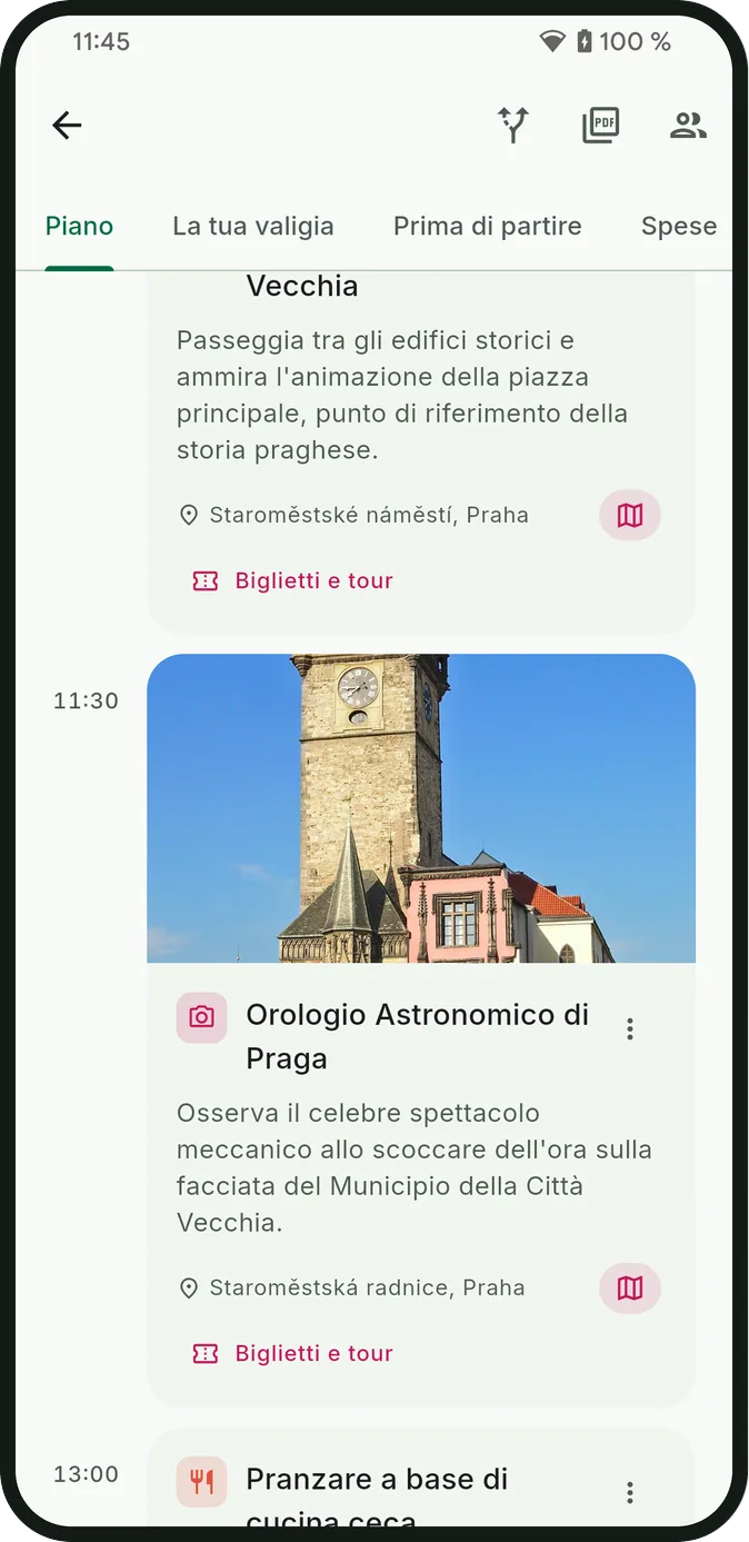 Una giornata dell’itinerario con ogni tappa, il suo orario, la sua foto, la sua descrizione e il suo pulsante mappa