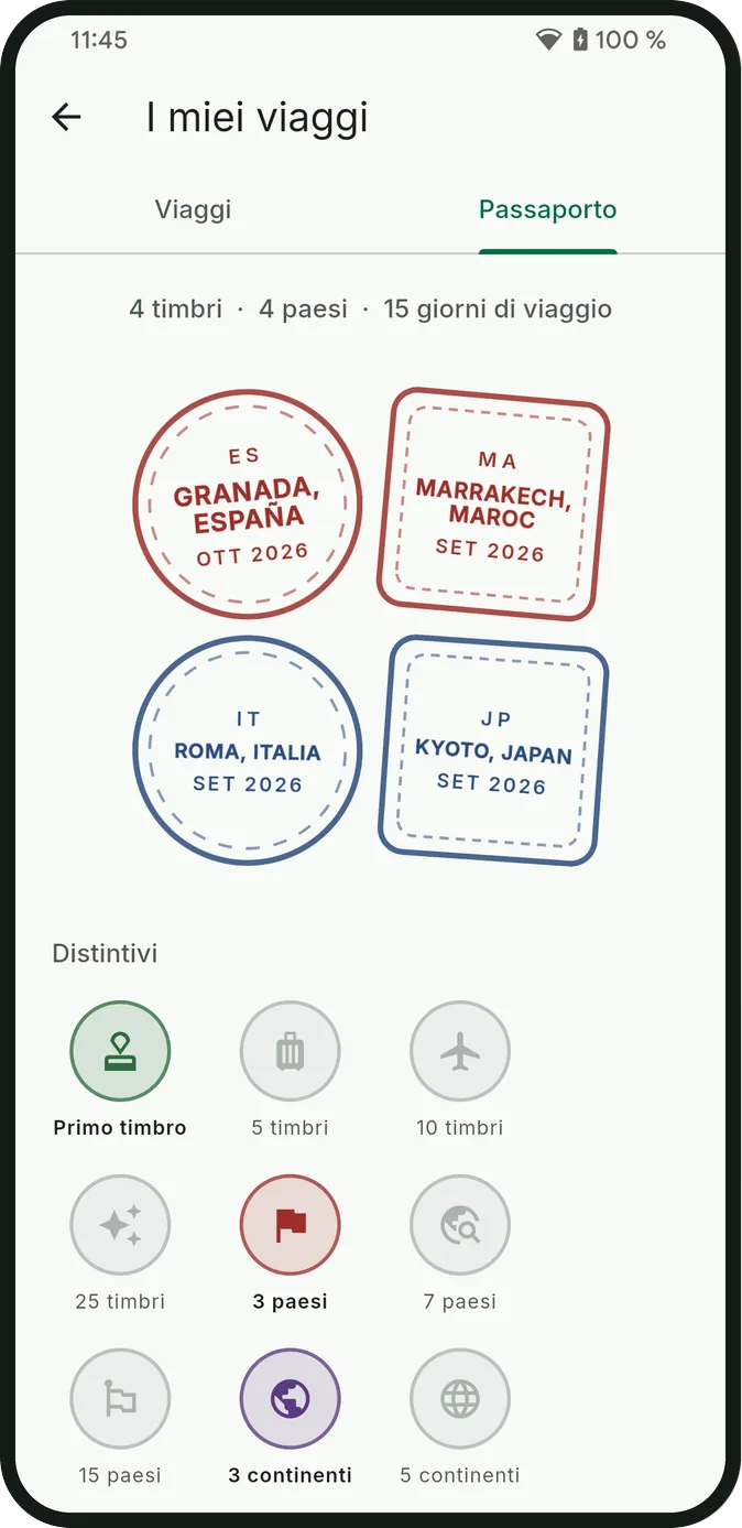 La schermata del passaporto con i timbri di quattro viaggi e le medaglie sotto